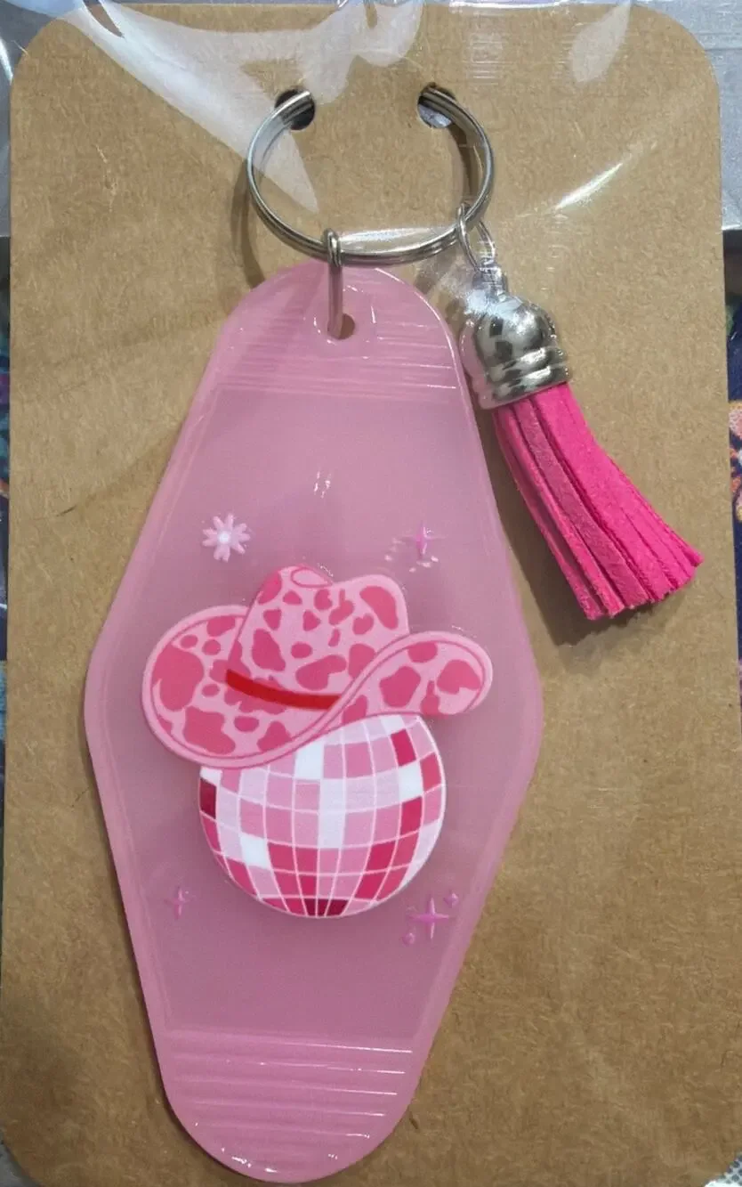 Cowboy Disco Ball Pink Tassel Vintage Hotel Motel Keychain Key Chain Handmade
